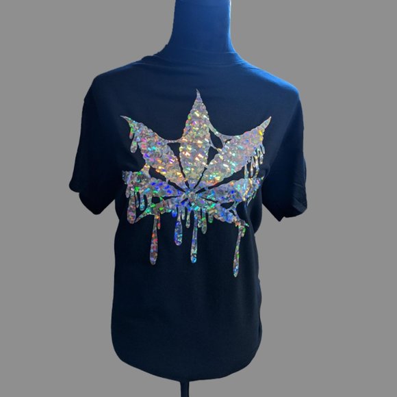 CC by Marie Tops - Silver Sparkle Holographic Cannabis Leaf Drip Shirt